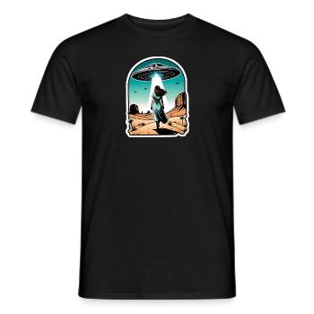 A woman is abducted by UFO in the desert. - Men's T-Shirt - black - Front - AI Model Male 178 light (178cm)