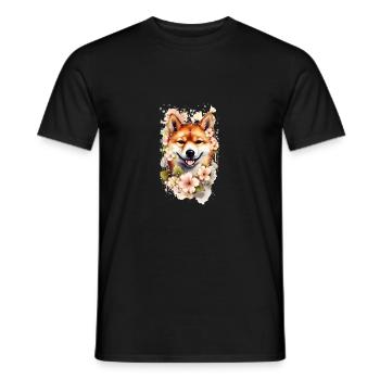 Portrait du chien japonais Shiba Inu en fleurs de - T-shirt homme - noir - Devant - AI Model Male 178 light (178cm)