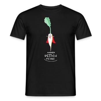 Funny radish as a savior and hero (b) - Men's T-Shirt - black - Front - AI Model Male 178 light (178cm)