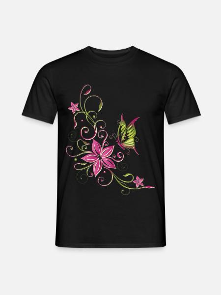 Florales Blumenmotiv mit Schmetterling - T-shirt homme - noir