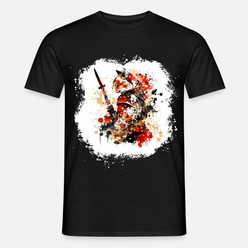 Samurai Katze Rot Schwarz - Männer T-Shirt - Schwarz