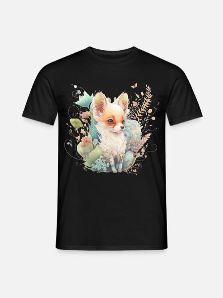 Renard Aquarelle Fleurs - T-shirt homme - noir
