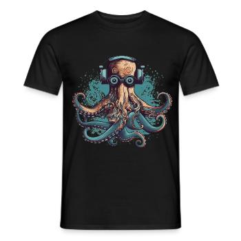 Cool nerdy octopus with glasses and headphones - Men's T-Shirt - black - Front - AI Model Male 178 light (178cm)