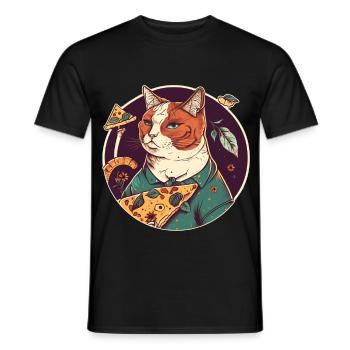 cat with slices of pizza - Men's T-Shirt - black - Front - AI Model Male 178 light (178cm)