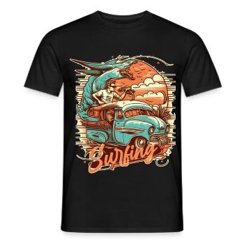Surfeur et animal fantastique dans le bus lors d’un voyage de surf - T-shirt homme - noir - Devant - AI Model Male 178 light (178cm)