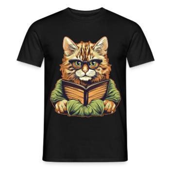 Katze mit Buch - Männer T-Shirt - Schwarz - Vorne - AI Model Male 178 light (178cm)
