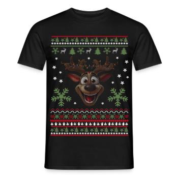 Happy reindeer with lights - Men's T-Shirt - black - Front - AI Model Male 178 light (178cm)