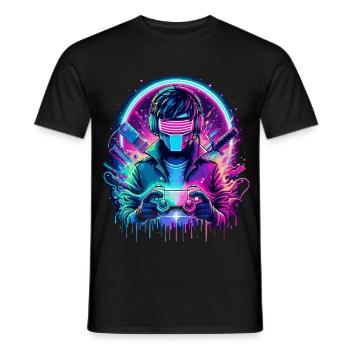 Neon Cyber Controller - Retro Gaming Power - Men's T-Shirt - black - Front - AI Model Male 178 light (178cm)