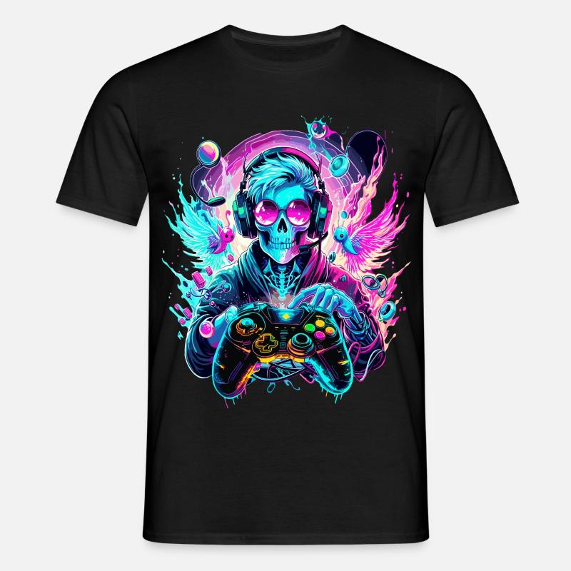 Synthwave Skull Gaming Controller Art - Men's T-Shirt - black