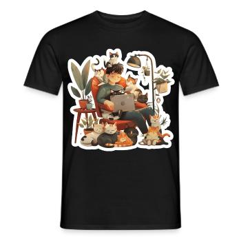 Katzenliebe Katzenbesitzer am Abend Homeoffice - Männer T-Shirt - Schwarz - Vorne - AI Model Male 178 light (178cm)