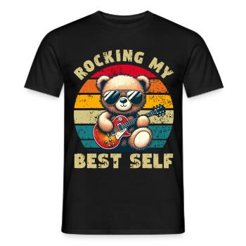 Teddy bear with sunglasses and electric guitar distressed - Men's T-Shirt - black - Front - AI Model Male 178 light (178cm)