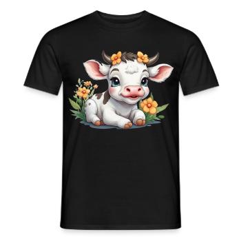 Mignon bébé vache veau sur prairie fleurie - T-shirt homme - noir - Devant - AI Model Male 178 light (178cm)