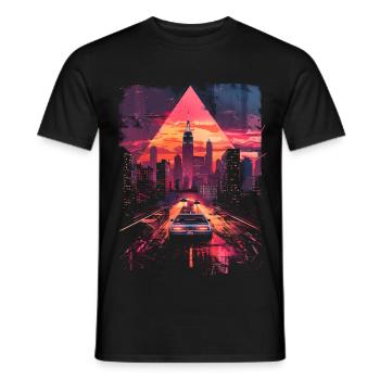 Vaporwave Voiture Rétro Ville Synthwave Années 80 Années 90 - T-shirt homme - noir - Devant - AI Model Male 178 light (178cm)