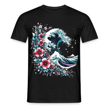 große Welle vor Kanagawa mit Blumen - Männer T-Shirt - Schwarz - Vorne - AI Model Male 178 light (178cm)