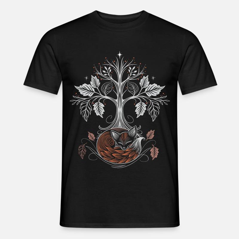 Schlafender Fuchs unter Lebensbaum - Herbstnacht - Männer T-Shirt - Schwarz