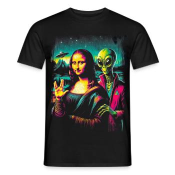 Alien and Mona Lisa – Cosmic Renaissance Design - Men's T-Shirt - black - Front - AI Model Male 178 light (178cm)