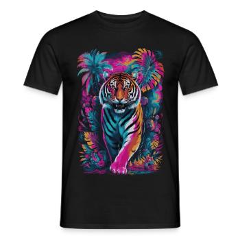 Psychedelischer Tiger im lebendigen Dschungel-Design - Männer T-Shirt - Schwarz - Vorne - AI Model Male 178 light (178cm)