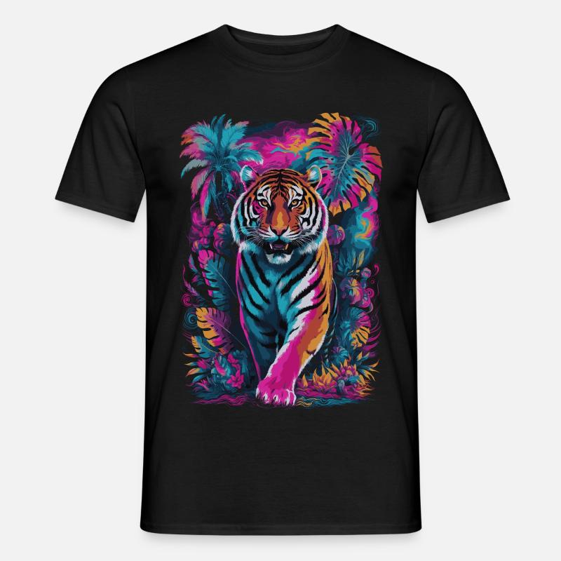 Psychedelischer Tiger im lebendigen Dschungel-Design - Männer T-Shirt - Schwarz