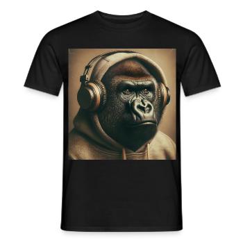 Gorilla mit Kopfhörer in Hoodie - Männer T-Shirt - Schwarz - Vorne - AI Model Male 178 light (178cm)