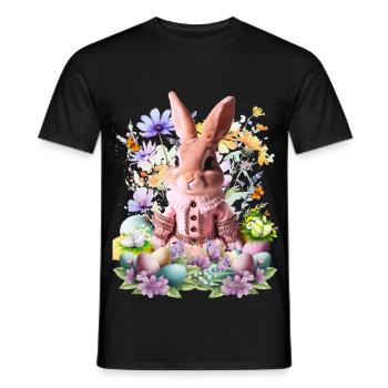 Pink pastel bunny in a sea of flowers - Men's T-Shirt - black - Front - AI Model Male 178 light (178cm)