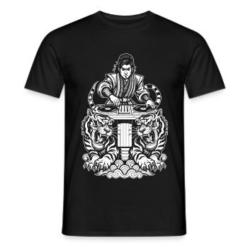 DJ Shirt: Music Samurai under tiger gaze - Men's T-Shirt - black - Front - AI Model Male 178 light (178cm)