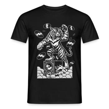 Music Big Cat Shirt: Vinyl Vibes & Tiger Sound - Men's T-Shirt - black - Front - AI Model Male 178 light (178cm)