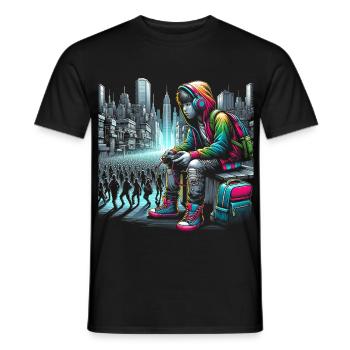 Illustration vibrante du paysage urbain cyberpunk - T-shirt homme - noir - Devant - AI Model Male 178 light (178cm)