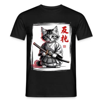 Samurai Cat Funny Kitten, Japanese Art - Men's T-Shirt - black - Front - AI Model Male 178 light (178cm)