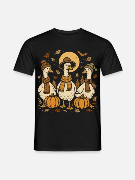 Herbst Gänse mit Kürbissen und Mützen - Männer T-Shirt - Schwarz