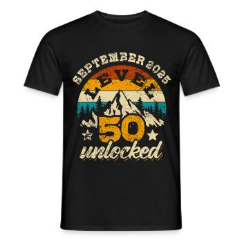 Septembre 2025, niveau 50 débloqué, 50e anniversaire - T-shirt homme - noir - Devant - AI Model Male 178 light (178cm)