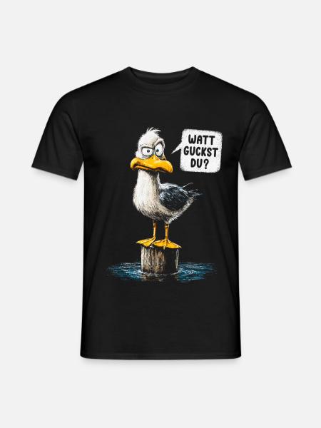 Watt guckst du? Lustige Möwe – Küstenhumor - Männer T-Shirt - Schwarz