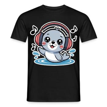 Cute seal with headphones and music notes - Men's T-Shirt - black - Front - AI Model Male 178 light (178cm)
