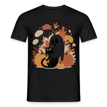 Ghost Pumpkin Cat Cute Halloween Autumn - Men's T-Shirt - black - Front - AI Model Male 178 light (178cm)