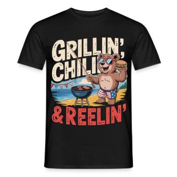 Funny bear barbecuing, chilling and fishing - Men's T-Shirt - black - Front - AI Model Male 178 light (178cm)