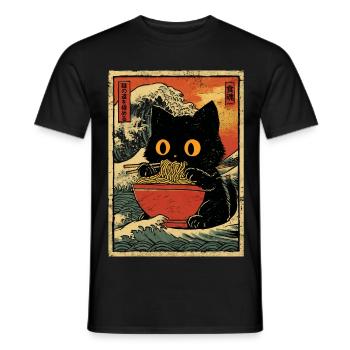 Japon Cat Ramen Nouilles Motif Vague Rétro - T-shirt homme - noir - Devant - AI Model Male 178 light (178cm)