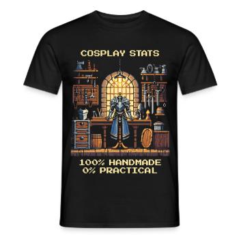 Statistiques de cosplay : 100 % fait main, 0 % pratique - T-shirt homme - noir - Devant - AI Model Male 178 light (178cm)