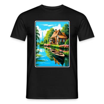 Giethoorn Riverside Cottage in Summer Bloom - Men's T-Shirt - black - Front - AI Model Male 178 light (178cm)