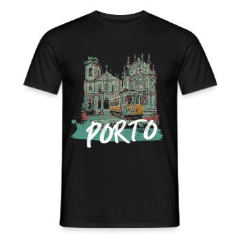 Porto historic center tram illustration - Men's T-Shirt - black - Front - AI Model Male 178 light (178cm)