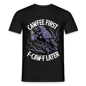 Le café d’abord : Corbeau avec tasse - T-shirt homme - noir - Devant - AI Model Male 178 light (178cm)