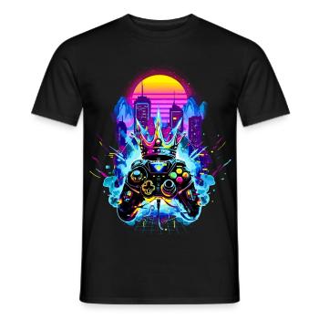 Gaming King Retrowave Controller Neon 80s City - Men's T-Shirt - black - Front - AI Model Male 178 light (178cm)