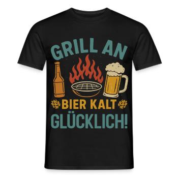 Bierfan GRILL AN BIER KALT GLÜCKLICH Lustiges - Männer T-Shirt - Schwarz - Vorne - AI Model Male 178 light (178cm)