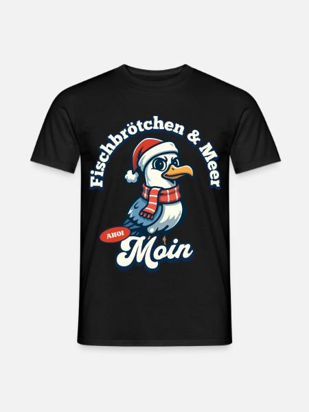 Fischbrötchen & Meer Möwe mit Weihnachtsmütze - Männer T-Shirt - Schwarz