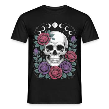 Gothic Skull with Moon Phases and Roses Design - Men's T-Shirt - black - Front - AI Model Male 178 light (178cm)