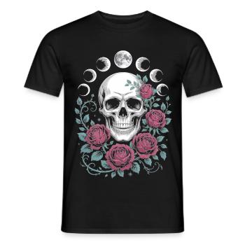 Gothic Skull with Moon Phases and Roses Design - Men's T-Shirt - black - Front - AI Model Male 178 light (178cm)