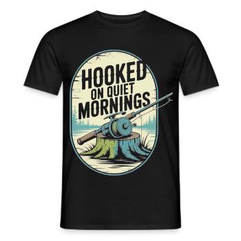  Hooked on Quiet Mornings Fishing Enthusiast - Men's T-Shirt - black - Front - AI Model Male 178 light (178cm)