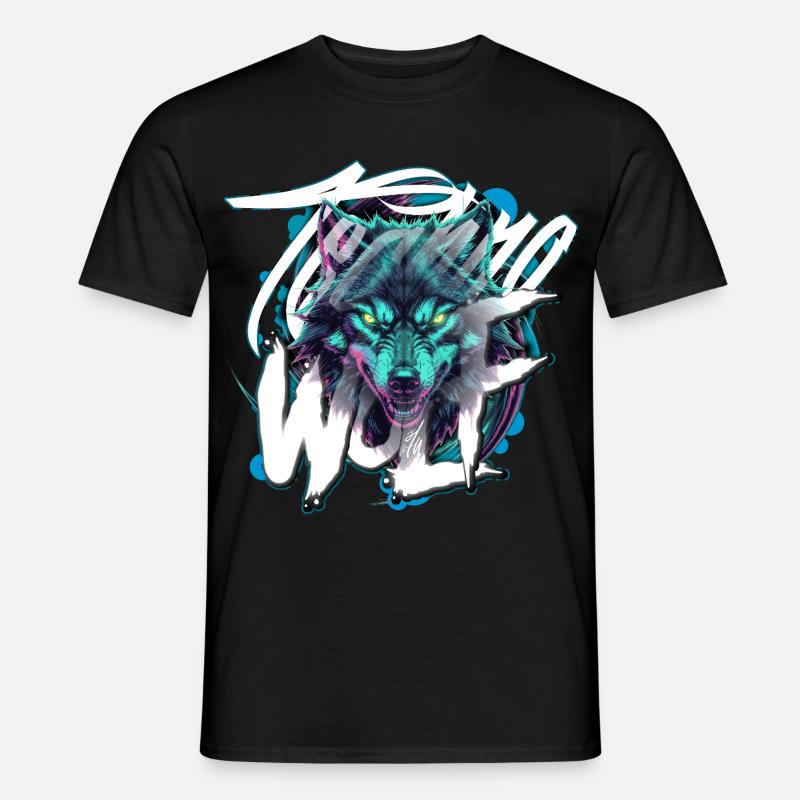 Neon Techno Wolf Head–Rave Wolf - Männer T-Shirt - Schwarz