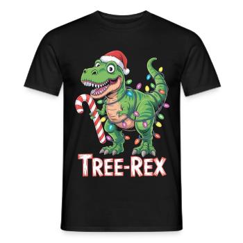 Tree-Rex – T-Rex mit Zuckerstange & Lichtern - Männer T-Shirt - Schwarz - Vorne - AI Model Male 178 light (178cm)
