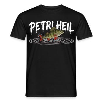 PETRI HEIL – Angler greeting with perch - Men's T-Shirt - black - Front - AI Model Male 178 light (178cm)