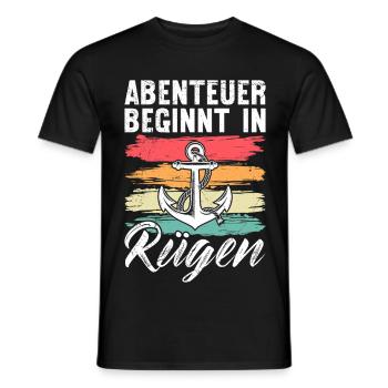 Baltic Sea ADVENTURE BEGINS IN RÜGEN Retro Funny - Men's T-Shirt - black - Front - AI Model Male 178 light (178cm)
