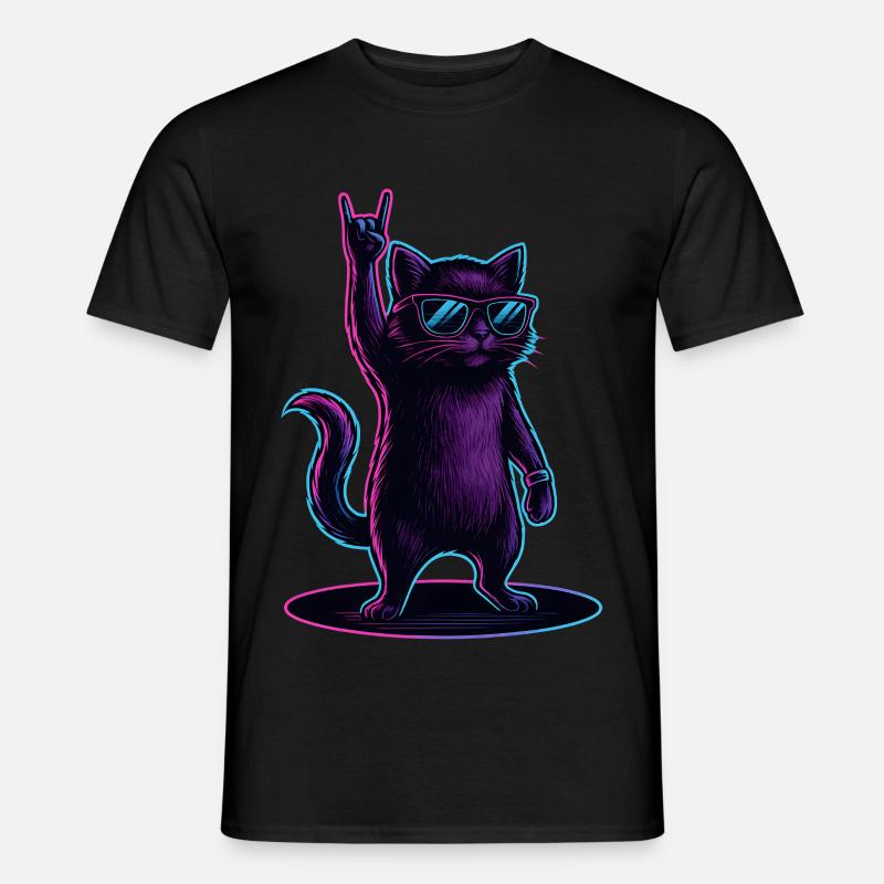 Synthwave Kater Katze mit Rockhand Pose - Männer T-Shirt - Schwarz